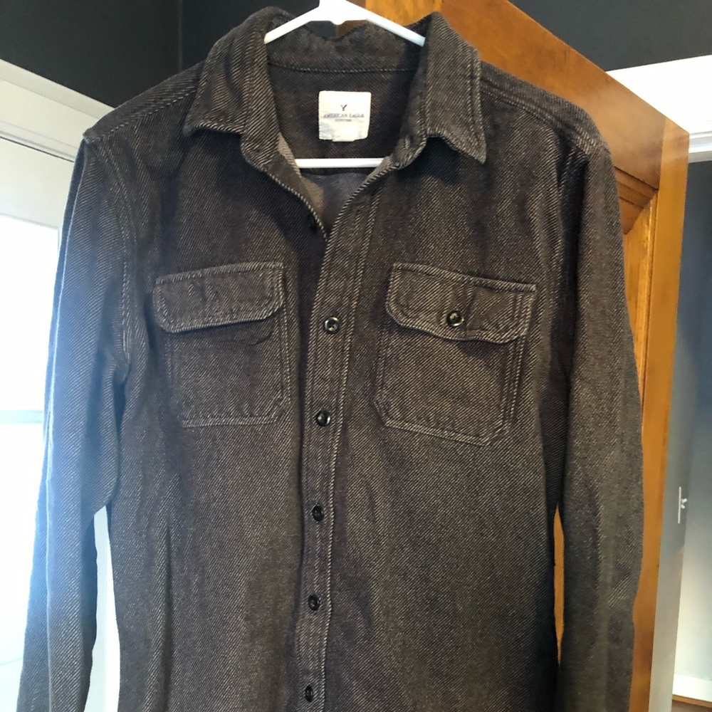 Men’s, 100% cotton, thick button up shirt, charcoal gray, slightly used